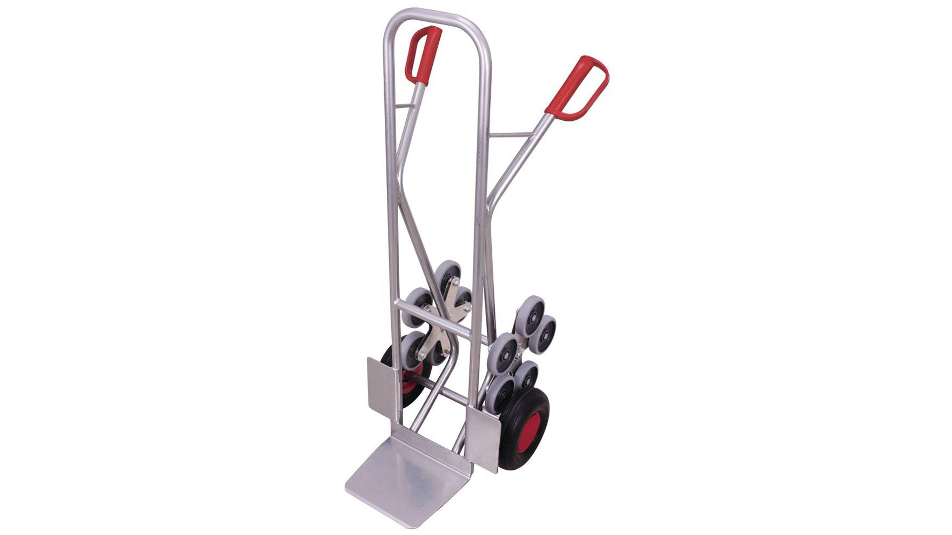 Sackkarre, Alu-Treppenkarre, Schaufel-BxT 300x250 mm, BxTxH 570x531x1310 mm, Traglast 200 kg, Luftbereifung + 2 fünfarmige Radsterne Vollgummibereifung