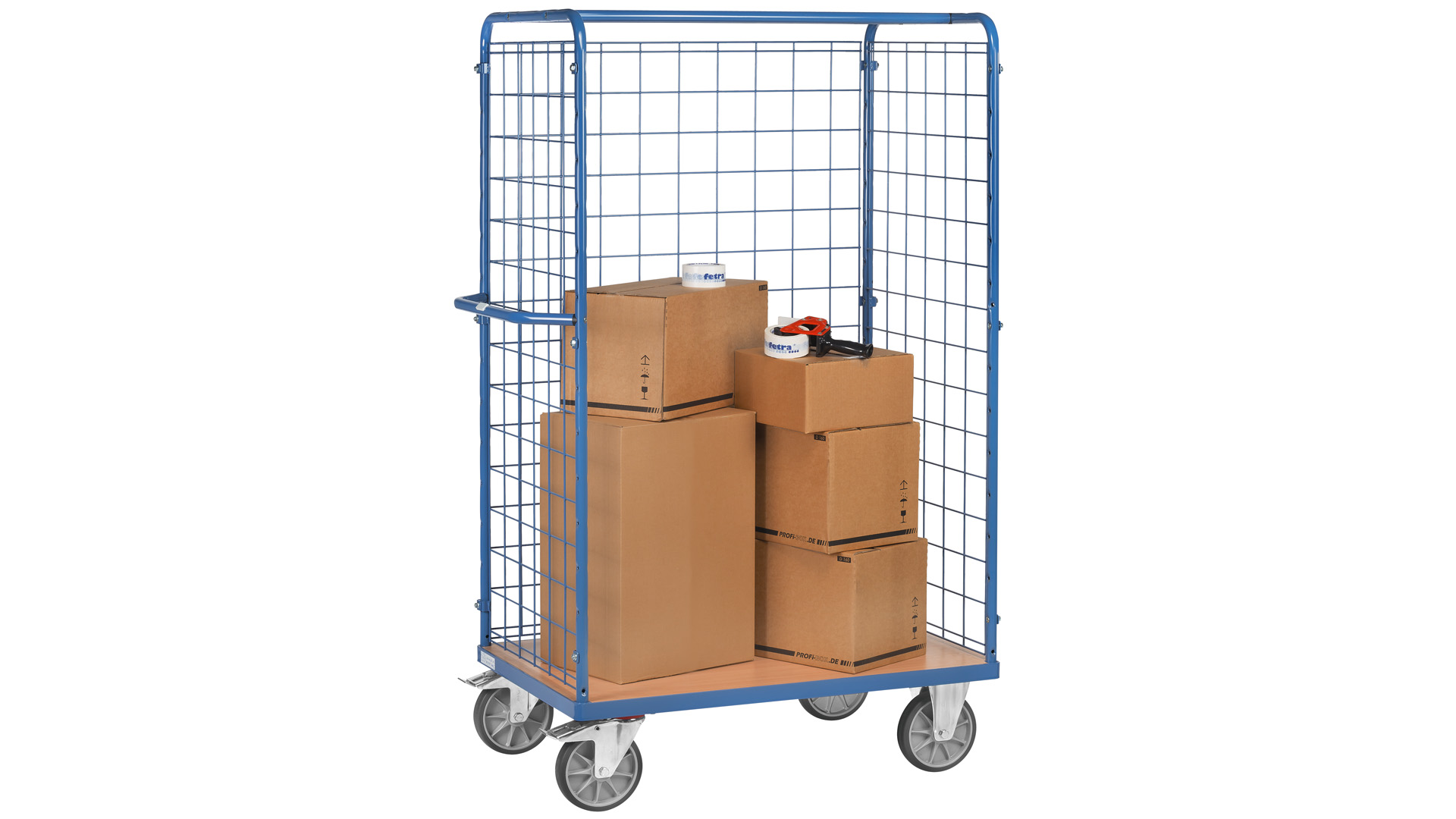 Etagenwagen, 2 Wände mit Drahtgitter, 4 Ladeflächen LxB 1000x600 mm, Außenmaße BxTxH 1169x609x1800 mm, Traglast 600 kg, RAL 5007 brillantblau