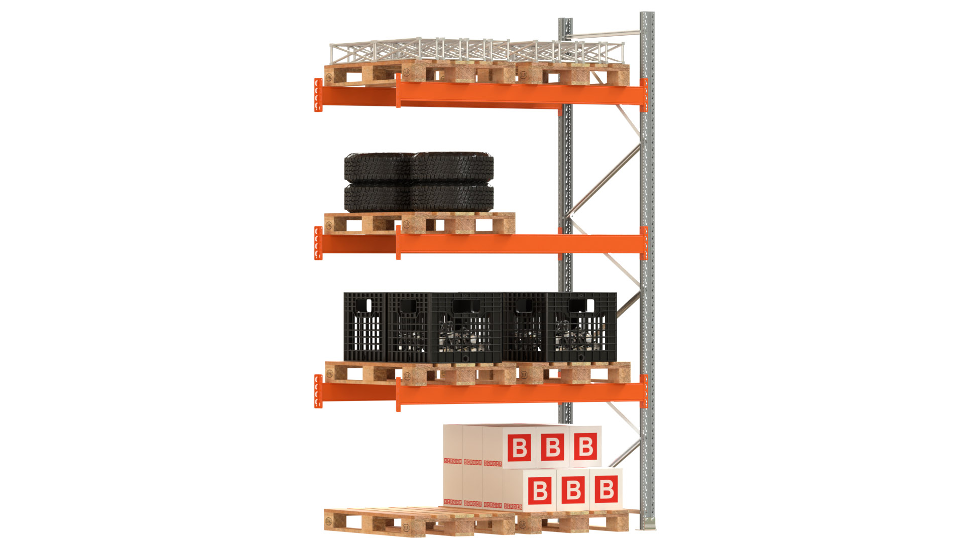 Palettenregal ARTUS - Anbaufeld - Breite 198,5 cm - Höhe 350 cm - Tiefe 110 cm - 3 Träger Ebenen