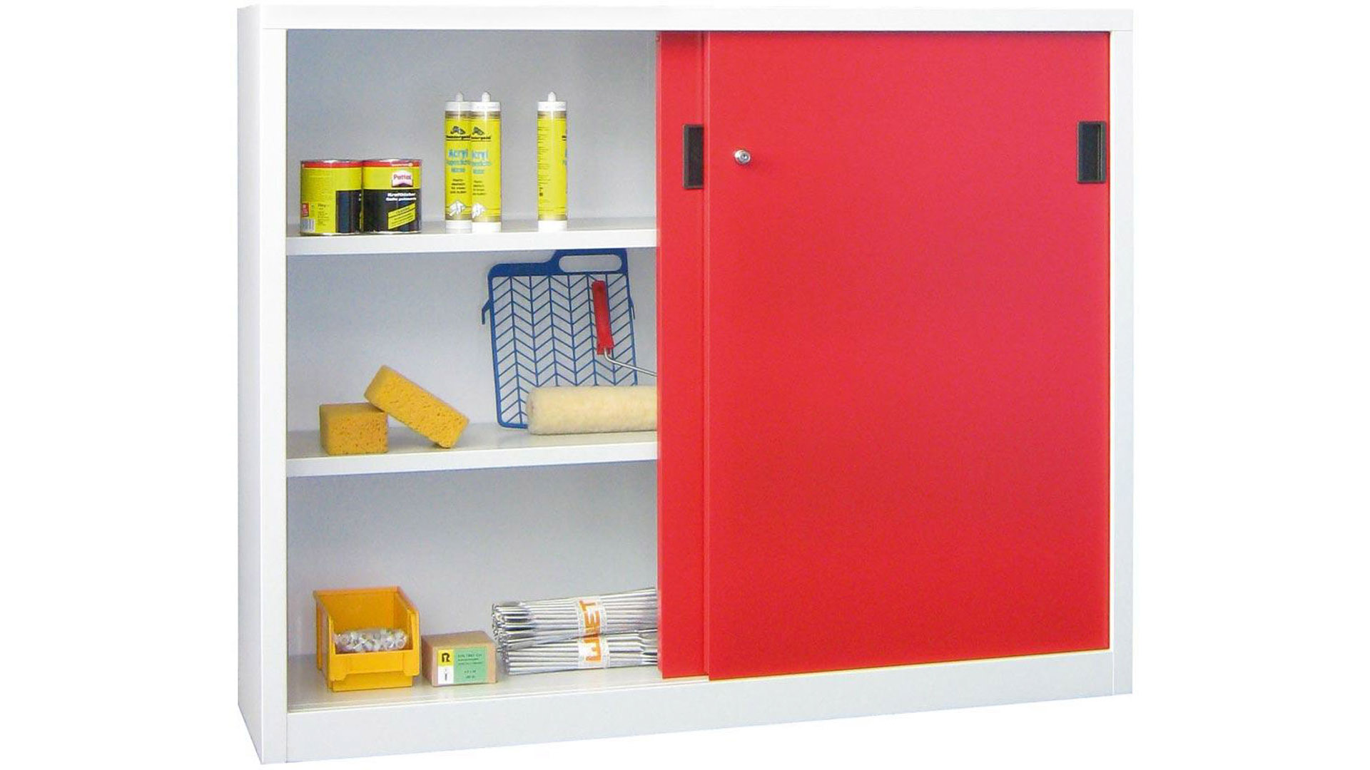 Schiebetürenschrank - Vollblechtüren - 1.200x1.500x400 mm (HxBxT) - 4 Böden, verzinkt - Zylinderschloss - lichtgrau/enzianblau