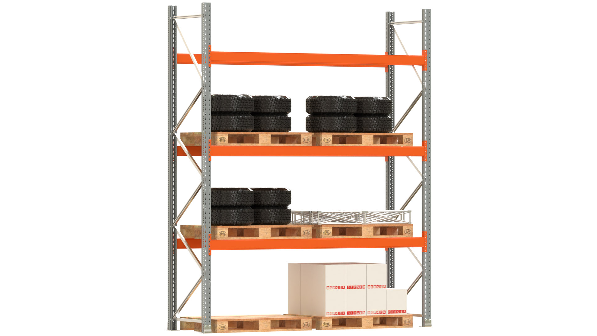 Palettenregal ARTUS - Breite 287 cm - Höhe 350 cm - Tiefe 80 cm - 3 Träger-Ebenen - Fachlast 2000 kg - 8 Palettenstellplätze