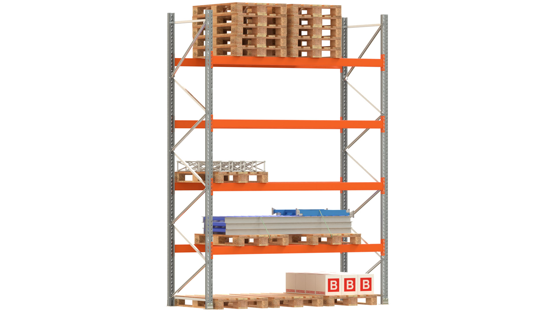 Palettenregal ARTUS - Breite 287 cm - Höhe 400 cm - Tiefe 110 cm - 4 Träger-Ebenen - Fachlast 2000 kg - 15 Palettenstellplätze