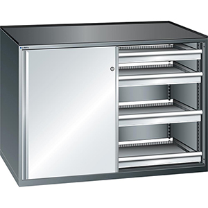 Schubladenschrank m. Schiebetüren, BxTxH 1430x627x1020 mm, 8 Schubladen 75 mm 75 kg, Schloss, RAL 7035