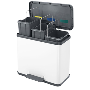 Tretmülleimer, Volumen 3x9 l, BxTxH 470x340x430 mm, Gehäuse Stahlblech weiß, Kunststoff-Deckel schwarz mit Soft-Close