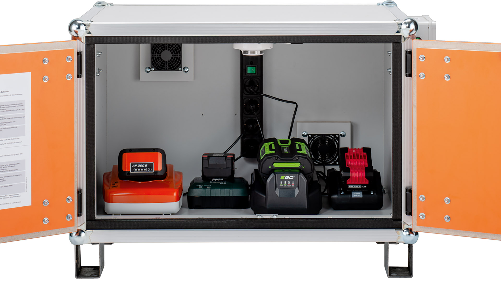 Akku-Ladeschrank, Premium, strombetriebener Rauchmelder, BxTxH 890x660x620 mm, Tür orange, Stapelfüße, Korpus grau