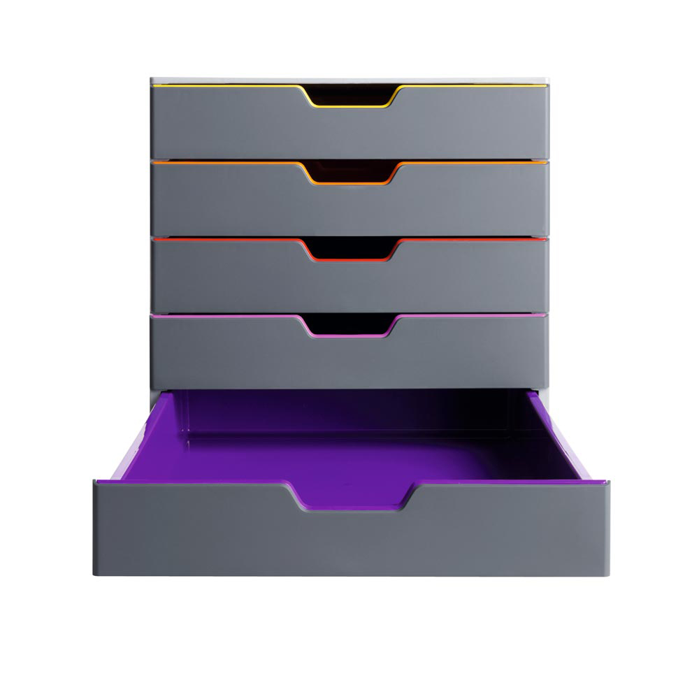 Schubladenbox, BxTxH 280x356x292 mm, 5 farbige Schubladen, aus ABS, inkl. Beschriftungsfenster