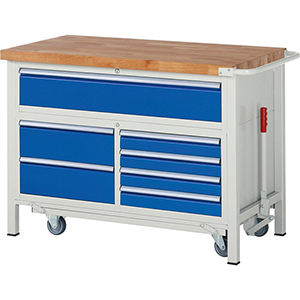 Werkbank mit absenkbarem Fahrgestell, Breite 125 cm, Tiefe 70 cm, Höhe 88 cm, 7 Schublade(n), Platte: Buche-Riegel