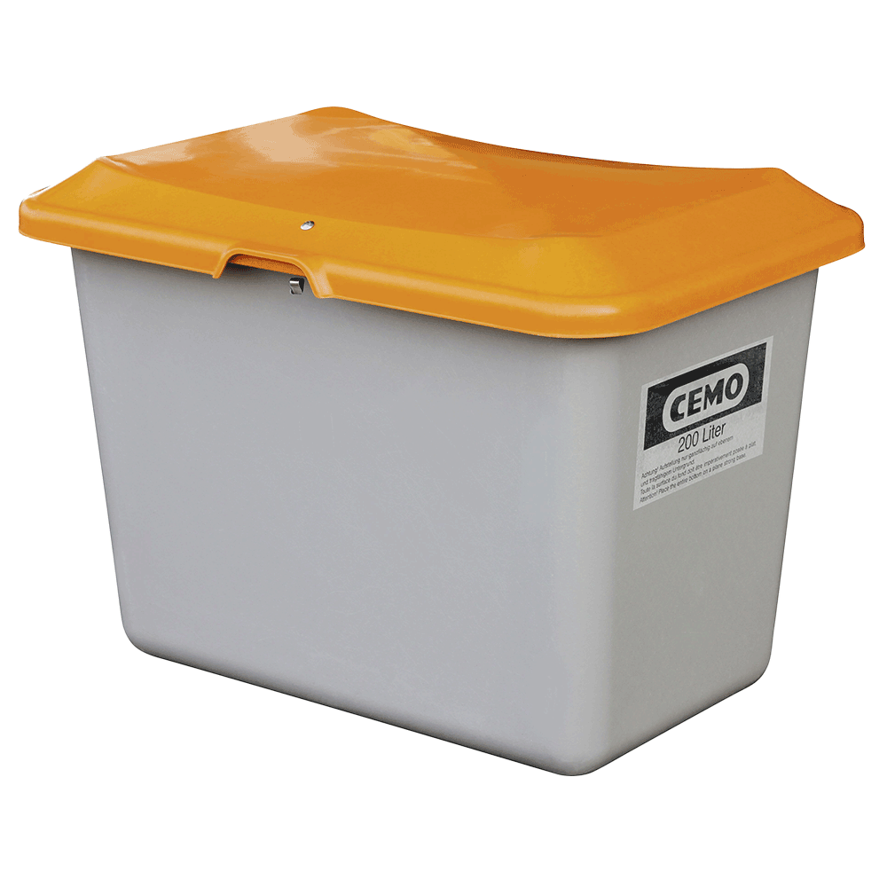 Streugutbehälter aus GFK als SET, 200 l, Behälter in grau und Deckel in orange - Streuwagen mit Streubreitenbegrenzer, Composite-Rahmen und PE-Behälter