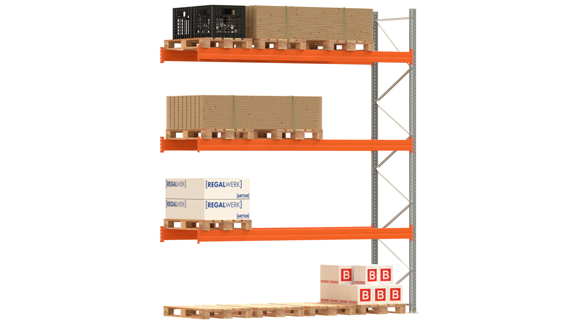 Palettenregal ARTUS - Anbaufeld - Breite 368,5 cm - Höhe 450 cm - Tiefe 110 cm - 3 Träger Ebenen