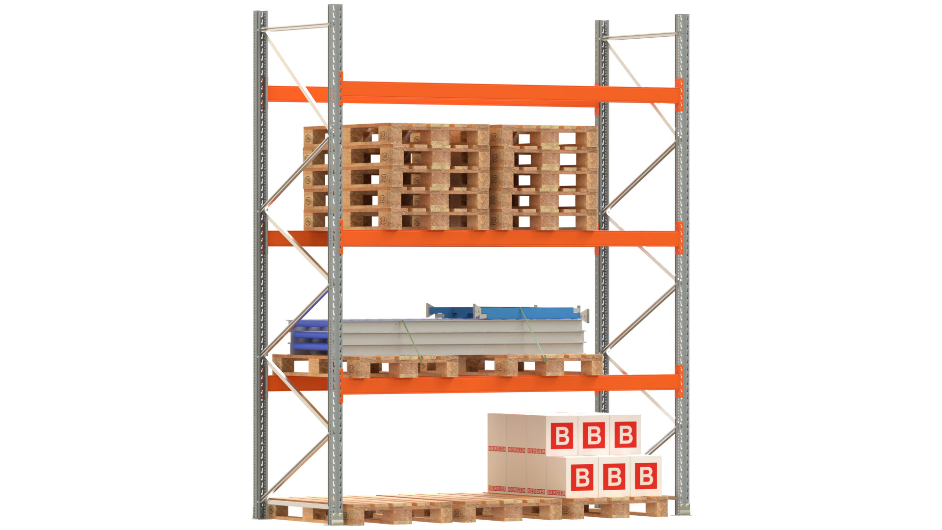 Palettenregal ARTUS - Breite 287 cm - Höhe 350 cm - Tiefe 110 cm - 3 Träger-Ebenen - Fachlast 2000 kg - 12 Palettenstellplätze