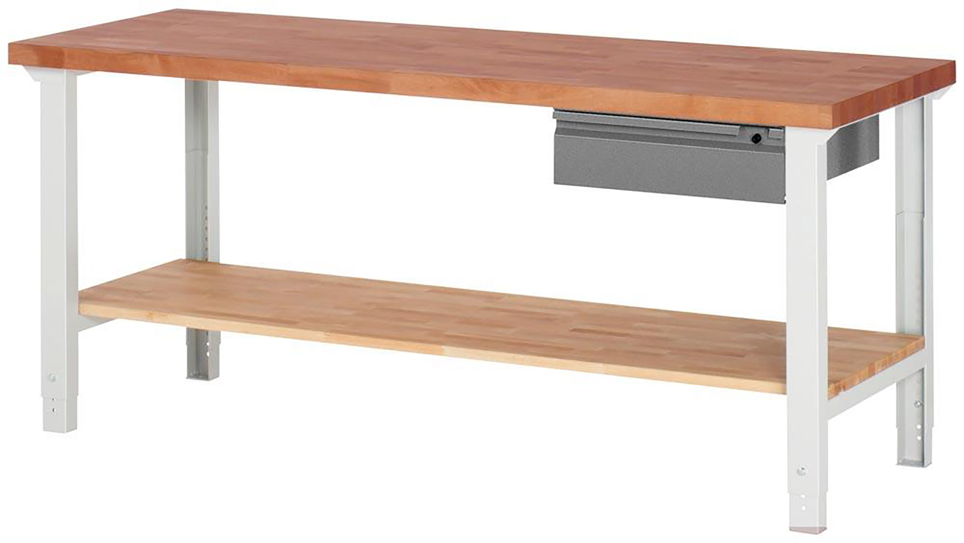 Werkbank 700 BR, BxTxH 2000x700x790-1140 mm, Platte Buche 40 mm, inkl. Buche-Ablageboden, 1x 150 mm Unterbauschublade, zerlegte Anlieferung, RAL 7035/7016