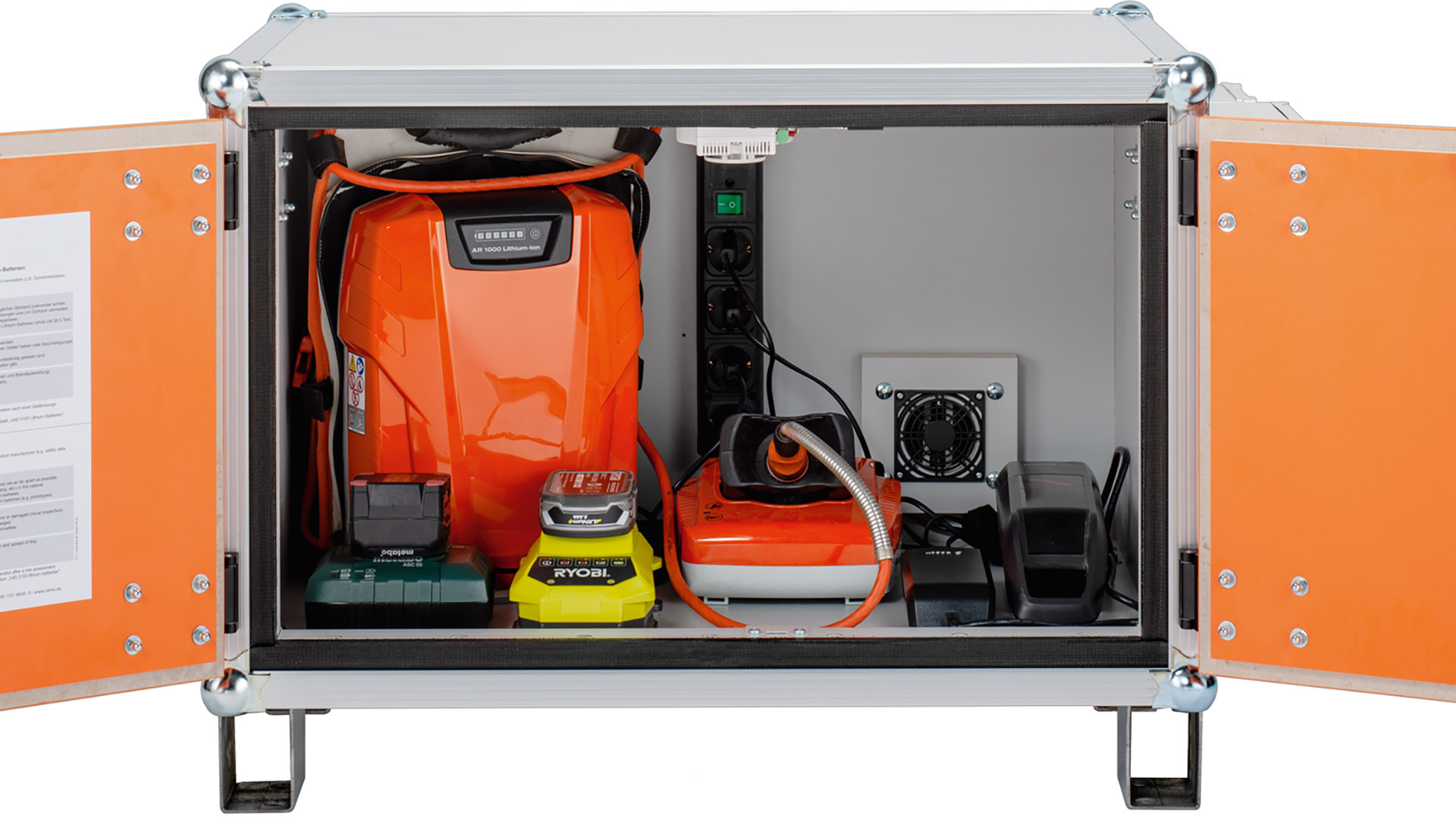 Akku-Ladeschrank, Premium Plus, strombetriebener Rauchmelder, BxTxH 800x660x620mm, Tür orange, Stapelfüße Korpus grau