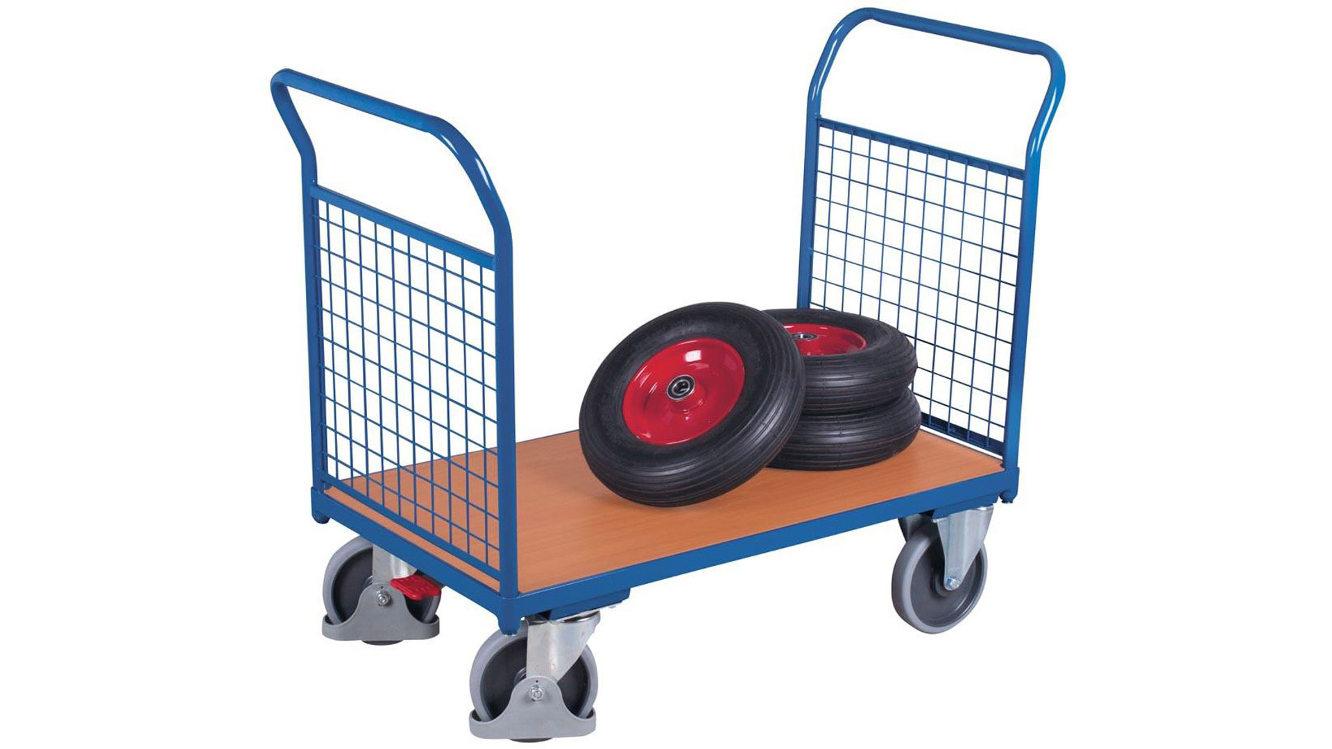 Transportwagen - Doppelstirnwand, Drahtgitter - Ladefläche 600 x 1.000 mm (BxT) - Traglast 500 kg - enzianblau