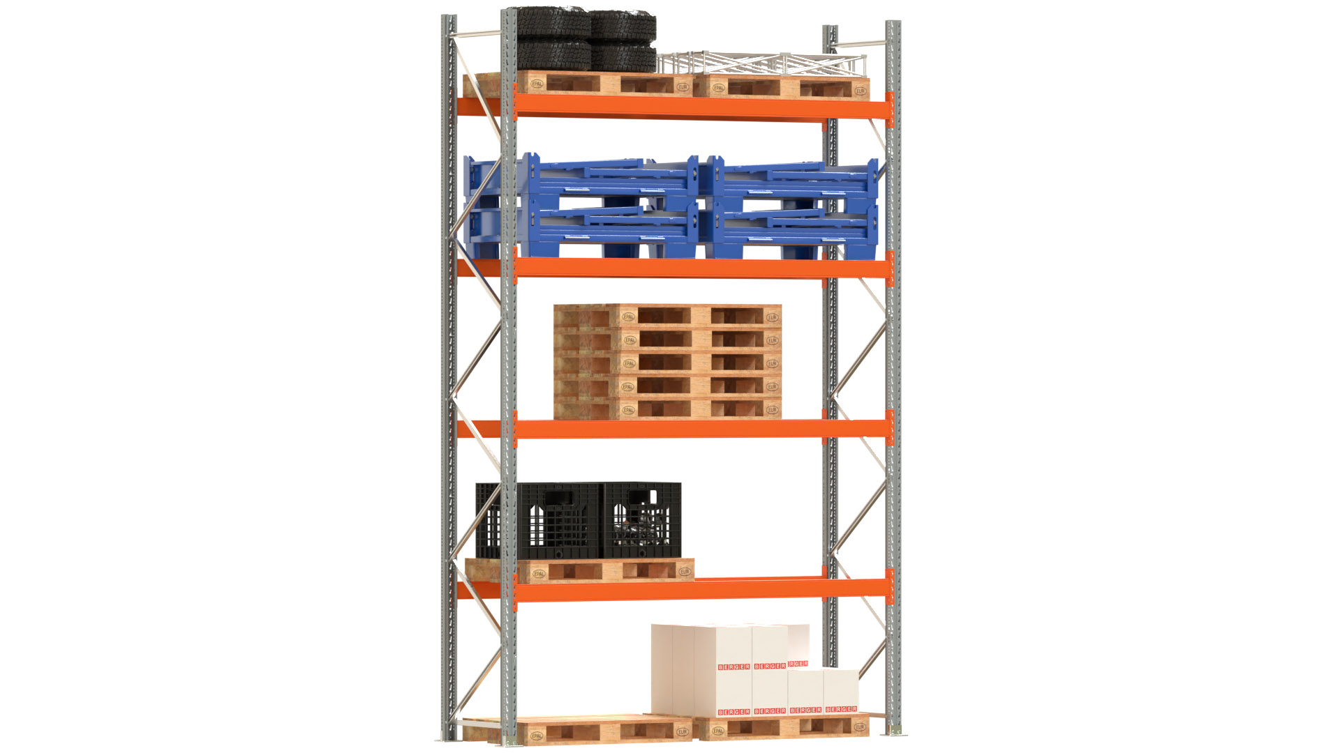 Palettenregal ARTUS - Breite 287 cm - Höhe 450 cm - Tiefe 80 cm - 4 Träger-Ebenen - Fachlast 2320 kg - 10 Palettenstellplätze