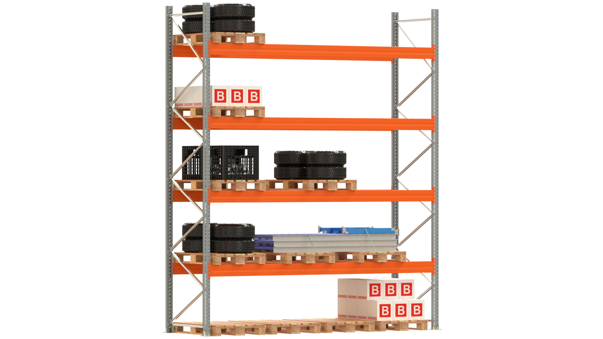Palettenregal ARTUS - Breite 377 cm - Höhe 450 cm - Tiefe 110 cm - 4 Träger-Ebenen - Fachlast 2400 kg - 20 Palettenstellplätze