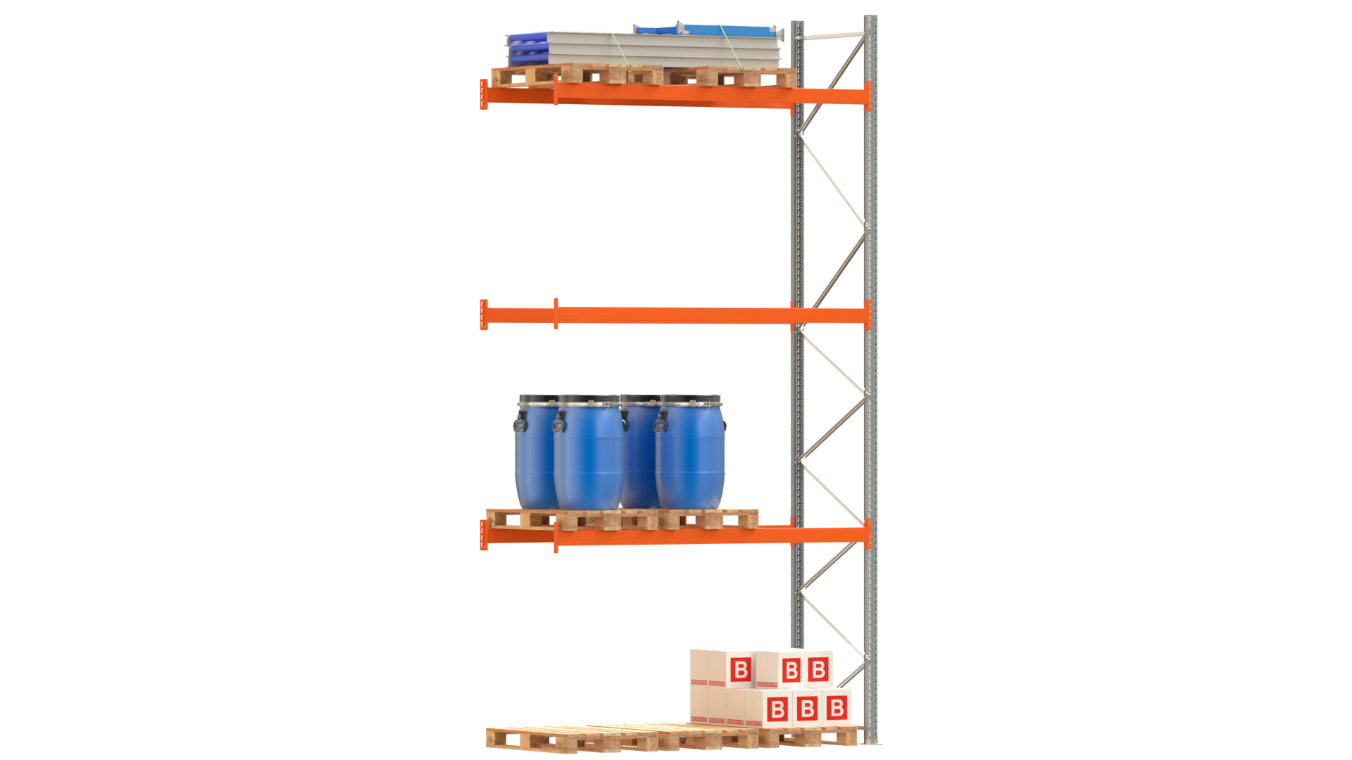 Palettenregal ARTUS - Anbaufeld - Breite 278,5 cm - Höhe 550 cm - Tiefe 110 cm - 3 Träger Ebenen