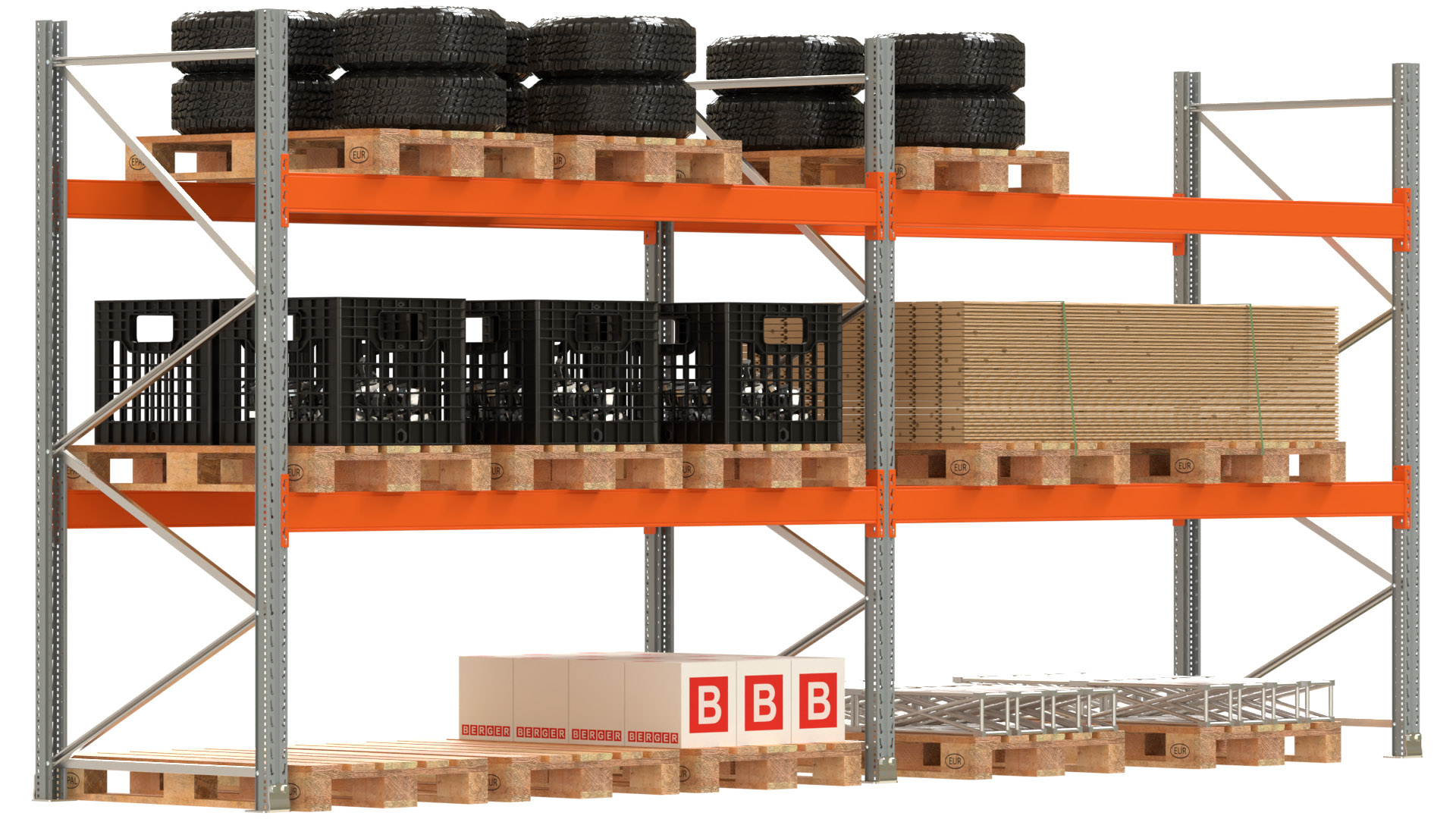 Palettenregal ARTUS - Breite 565,5 cm - Höhe 250 cm - Tiefe 110 cm - 2 Träger-Ebenen - Fachlast 3000 kg - 18 Palettenstellplätze