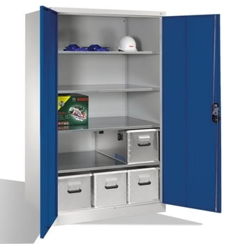 C+P XXL Stahlschrank, Werkzeugschrank, Geräteschrank, abschließbar, 4 Fachböden, Korpus lichtgrau, Front enzianblau, 1.950 x 1.200 x 800 mm (HxBxT)