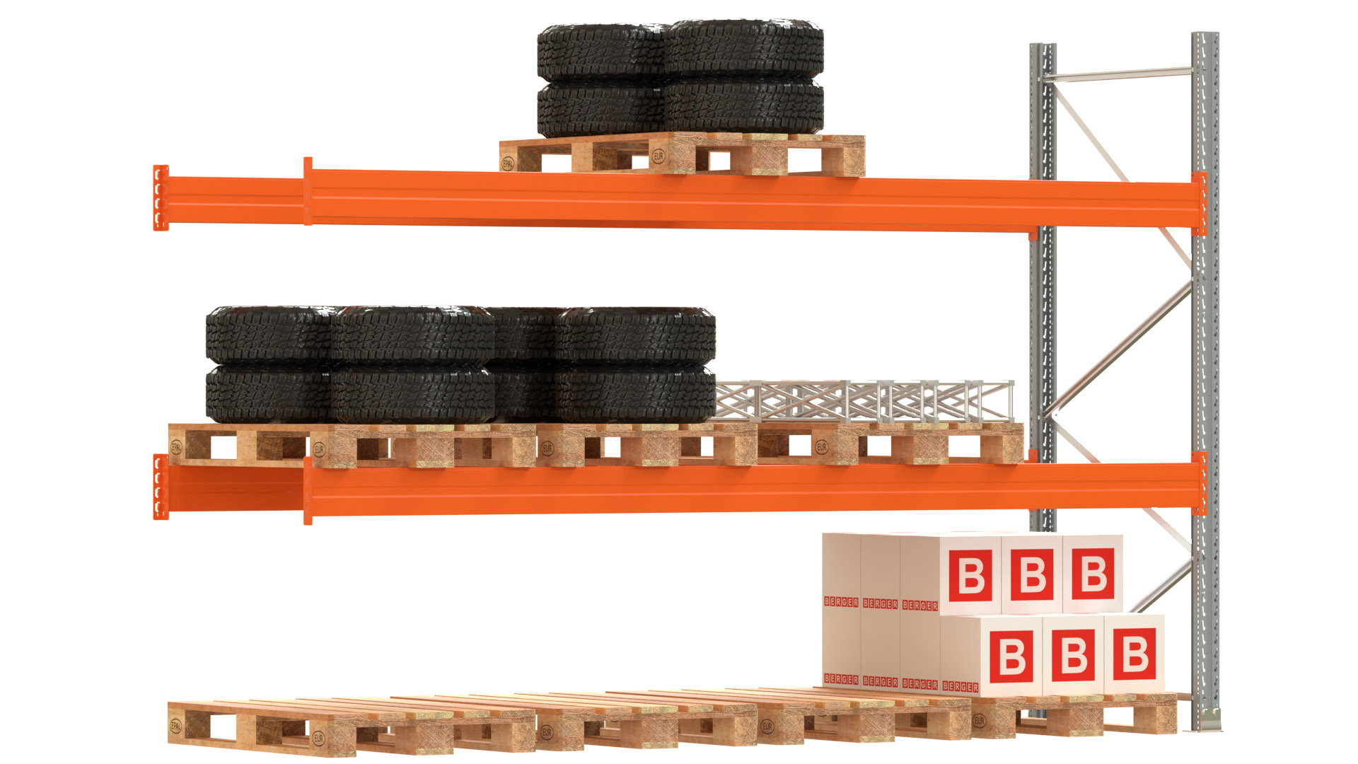 Palettenregal ARTUS - Anbaufeld - Breite 368,5 cm - Höhe 250 cm - Tiefe 110 cm - 2 Träger Ebenen