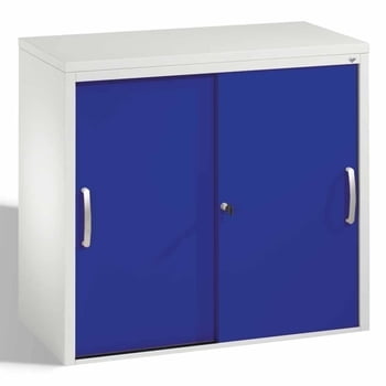 Aktenschrank mit Schiebetüren, Büroschrank, Stahlschrank, 1 Fachboden, Korpusfarbe lichtgrau, Frontfarbe enzianblau, 720 x 800 x 400 mm (HxBxT)