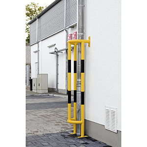 Rohrschutz, Wand- und Bodenmontage, Stahlrohr 48 mm, BxTxH 350x300x1500 mm, feuerverzinkt, gelb beschichtet, schwarze Streifen, mit Boden/Wandplatten