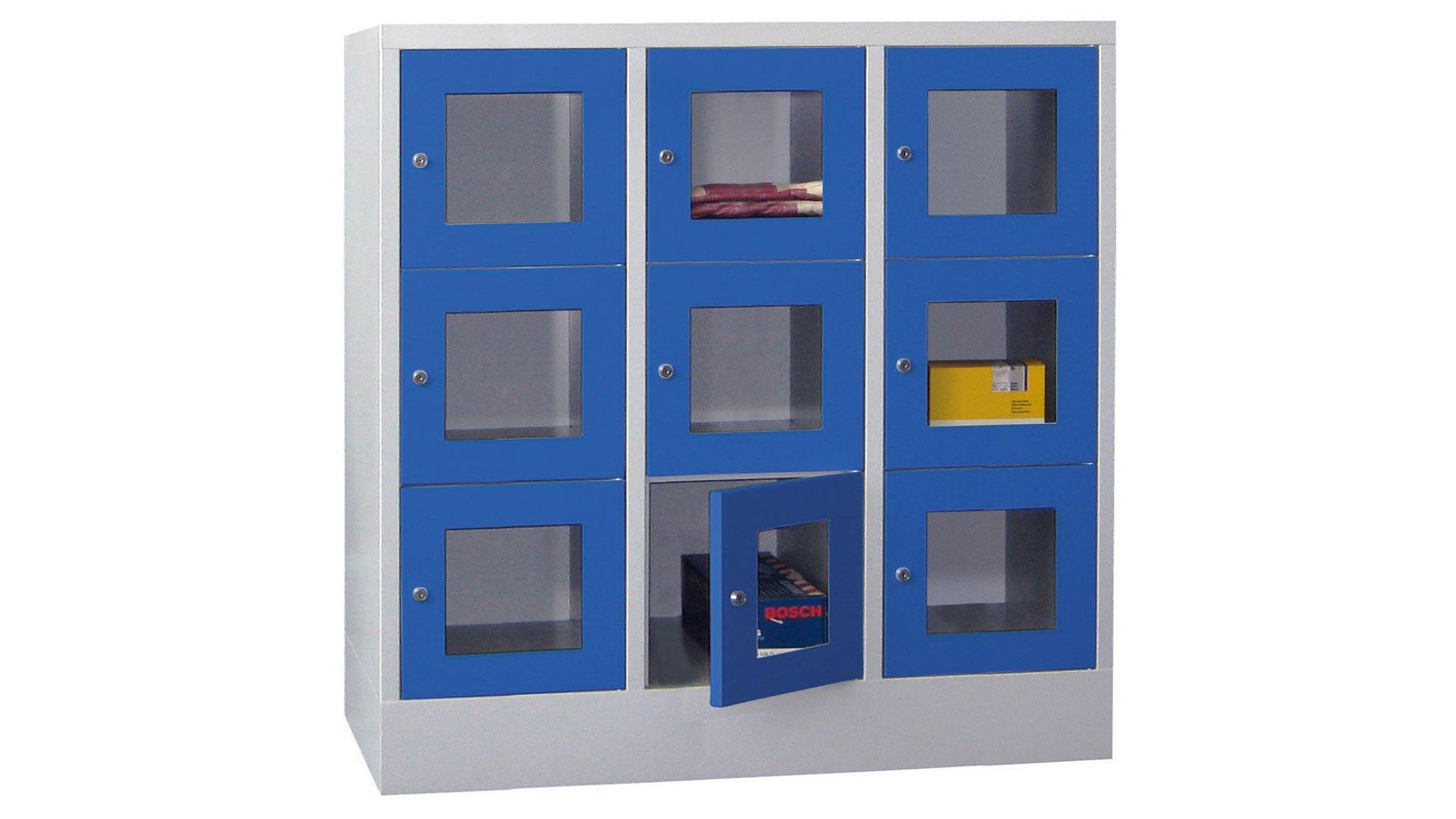 Fächerschränke mit Sichtfenstertüren, Breite 120 cm, Höhe 118,7 cm, Tiefe 50 cm, 3x3 Fächer