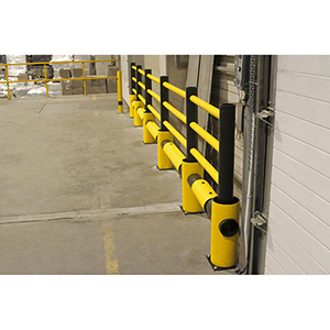 Verkehrsbarriere, Spezialkunststoff, vierzeilig, Satz aus 3 Holmen, Länge 1534 mm, Durchm. 63 mm + 1 Rohr Länge 930 mm Durchm. 160 mm, gelb