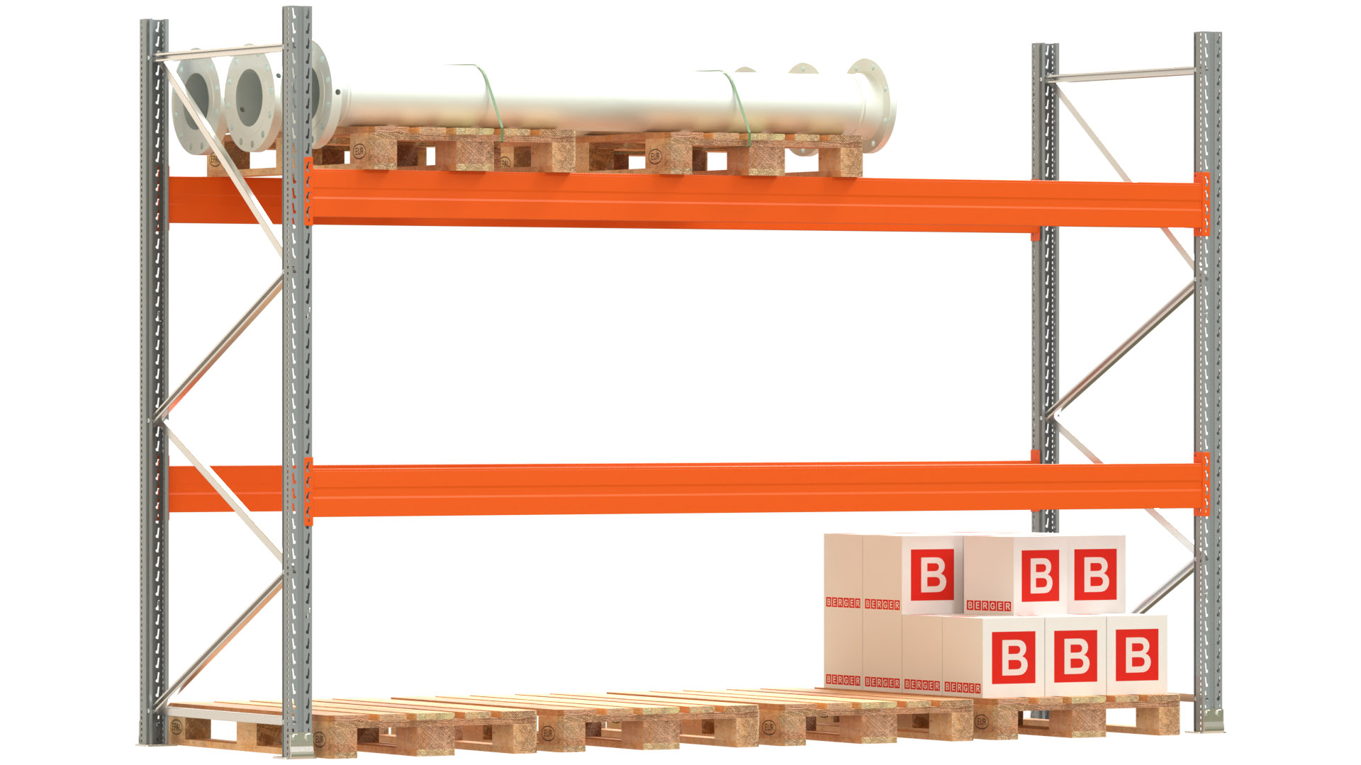 Palettenregal ARTUS - Breite 377 cm - Höhe 250 cm - Tiefe 110 cm - 2 Träger-Ebenen - Fachlast 4000 kg - 12 Palettenstellplätze