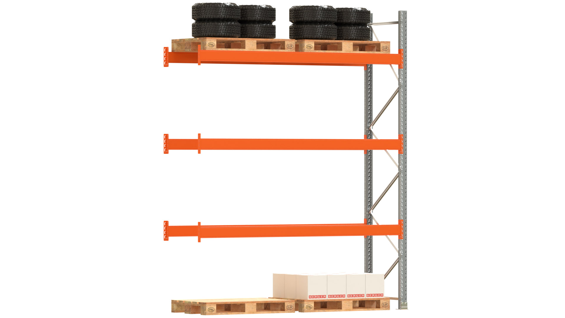 Palettenregal ARTUS - Anbaufeld - Breite 278,5 cm - Höhe 350 cm - Tiefe 80 cm - 3 Träger Ebenen