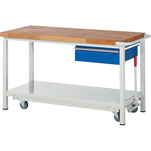 Werkbank mit absenkbarem Fahrgestell, Breite 150 cm, Tiefe 70 cm, Höhe 88 cm, 1 Schublade(n), Platte: Buche-Riegel