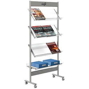 Prospektregal aus Stahl, 4 Böden aus Acrylglas für 12 x DIN A4, BxTxH 710x350x1600 mm, fahrbar, alusilber