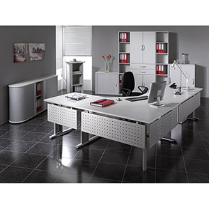 PC-Schreibtisch, BxTxH 2166x1131x680-820 mm, links 800 mm, höhenverstellbar, Platte lichtgrau, C-Fuß-Gestell silber