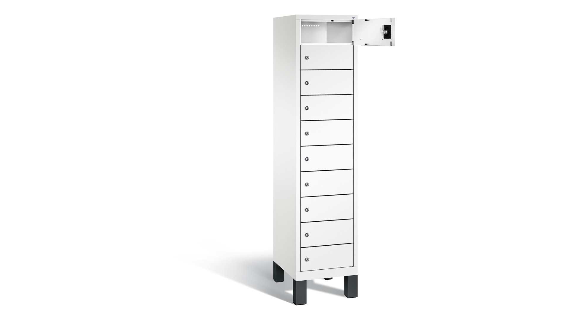 Akku Ladeschrank - Laptopschrank, BxTxH 420x500x1850 mm,10 Fächer, mit Füßen, RAL 9016