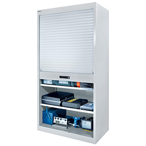 Materialschrank mit Rollladen, BxTxH 1000x580x1950 mm, 2 Verstellböden, 4 Auszugböden, RAL 5012, Rolllade grau