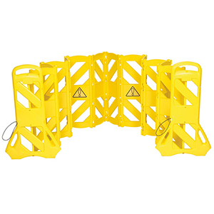Absperrgitter, Mobiles Absperrsystem, 4 m Länge, 16 Glieder, 2 Laufrollen, BxTxH 600x350x1000 mm, gelb