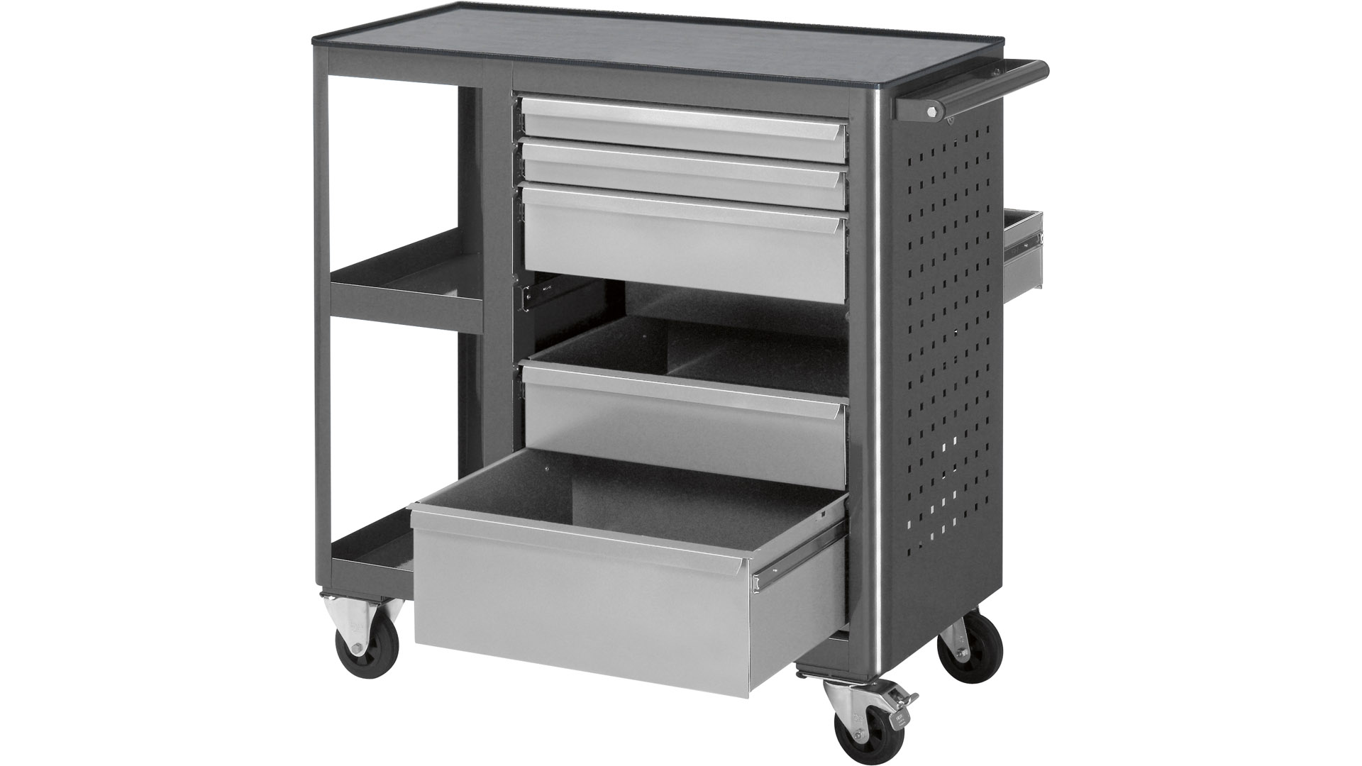 Werkstattwagen, Rollwerkbank mit ABS-Ablage, 6 Schubladen: 2x65,3x125, 1x190 mm, 2 Ablagefächer, BxTxH 960x450x950 mm, RAL7016/RAL7035
