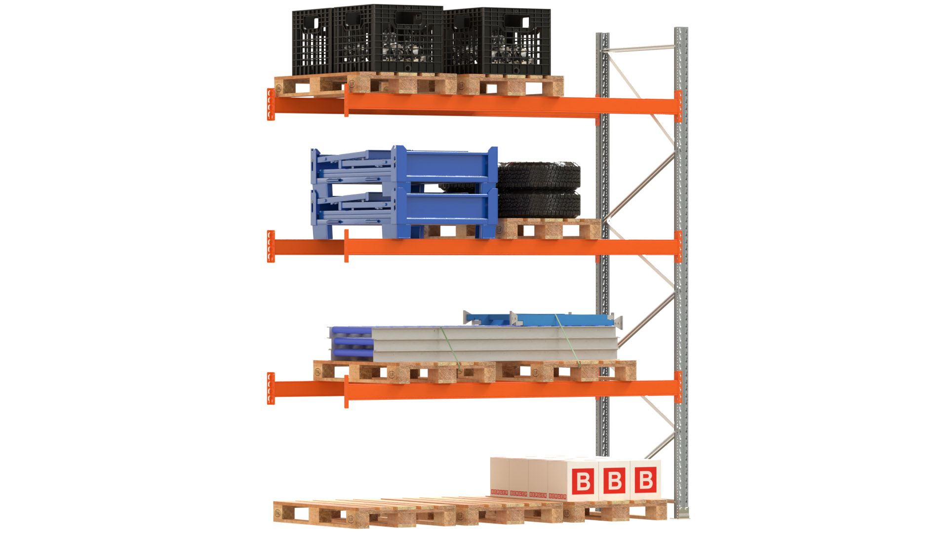 Palettenregal ARTUS - Anbaufeld - Breite 278,5 cm - Höhe 350 cm - Tiefe 110 cm - 3 Träger Ebenen