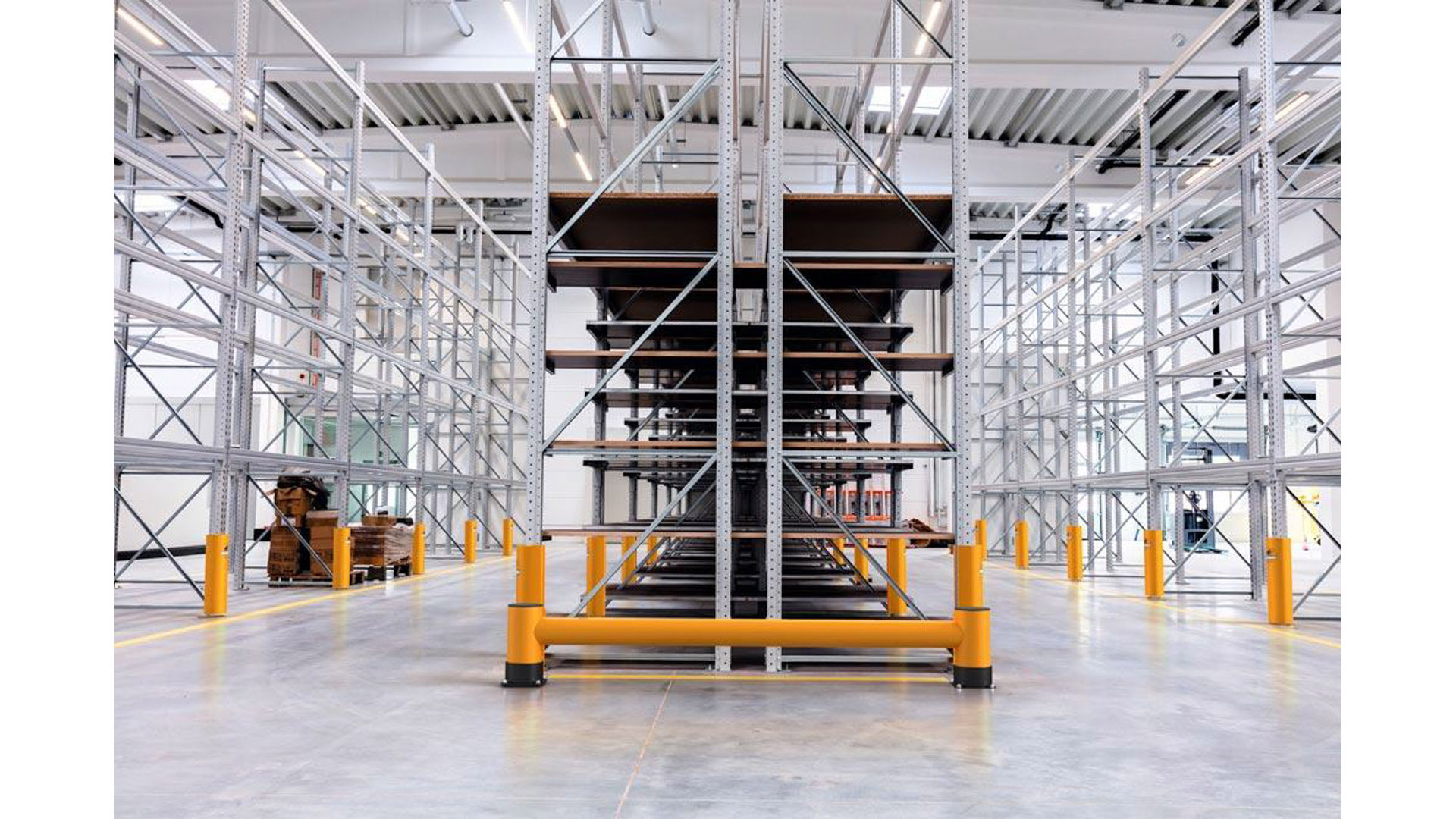 Regalendschutz, Einzelplanke, HDPE, Länge 2500 mm, Höhe 400 mm, Pollerdurchm. 180 mm, Verbindungsrohrdurchm. 140 mm, Farbe gelb