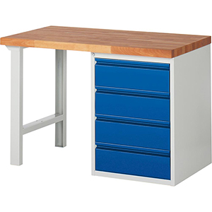 Werkbank, BxTxH 1250x700x840 mm, Platte Buche 40 mm, 4 Schubladen 180 mm, RAL 7035/5010