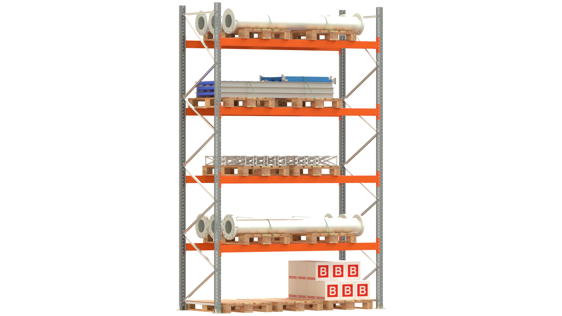 Palettenregal ARTUS - Breite 287 cm - Höhe 450 cm - Tiefe 110 cm - 4 Träger-Ebenen - Fachlast 2000 kg - 15 Palettenstellplätze