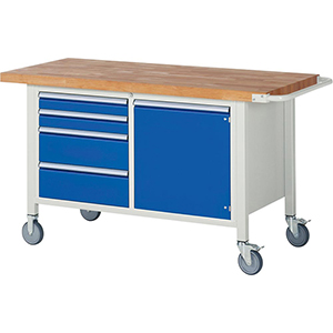 Fahrbare Werkbank, Breite 150 cm, Tiefe 70 cm, Höhe 88 cm, 4 Schublade(n), Platte: Buche-Riegel