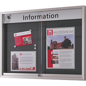 Schiebetürschaukasten, BxTxH 1328x55x973 mm, DIN A0 quer, Alu-Profile, ESG-Glas, Rückwand weiß, inkl. 10 Magnete + 1 Einstecktasche