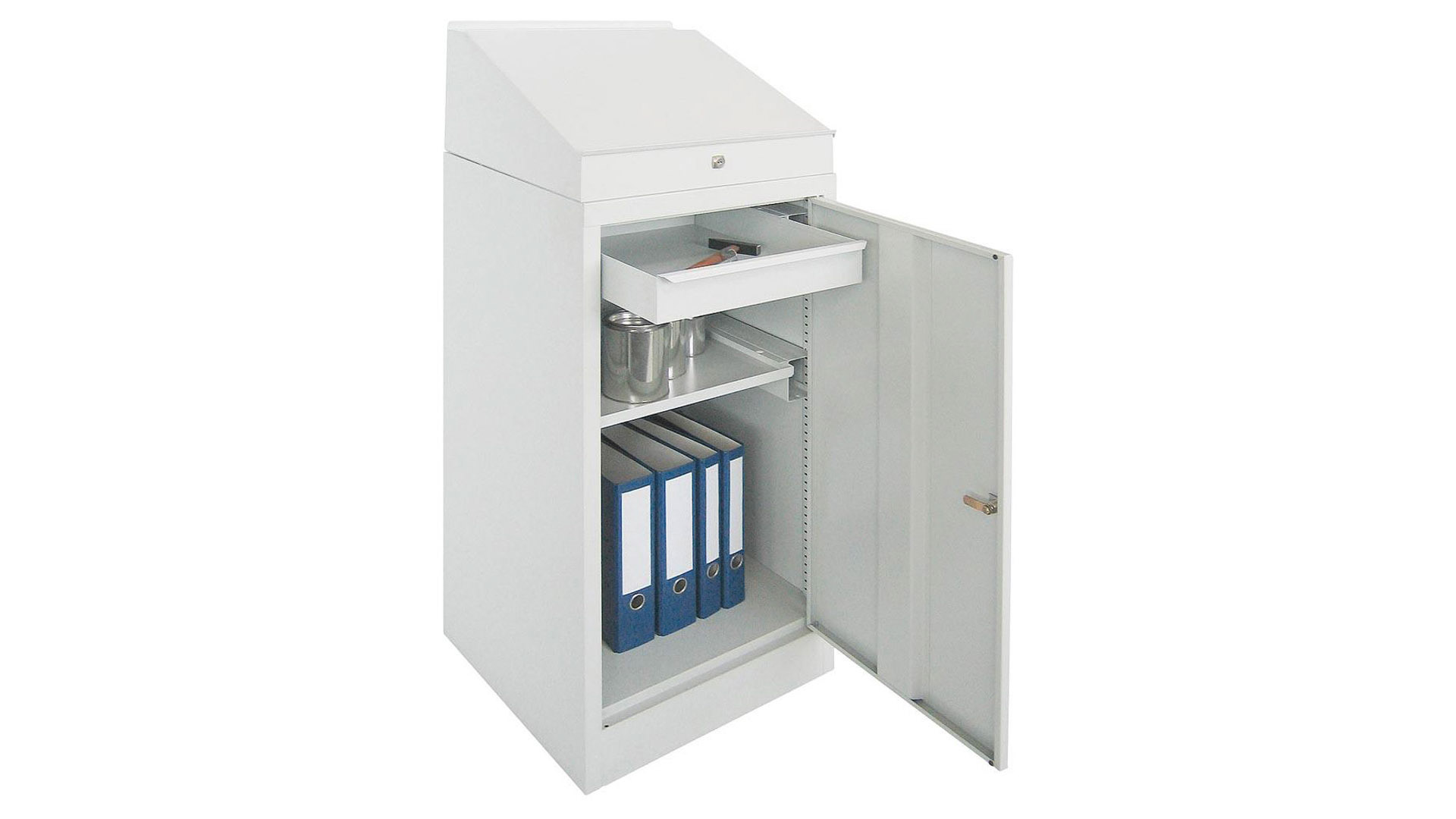 Pultaufsatz, aufklappbarer Deckel mit Abrollkante, Zylinderschloss, BxTxH 495x495x95/270 mm, RAL 7035