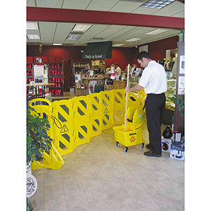 Absperrgitter, Mobiles Absperrsystem, 4 m Länge, 16 Glieder, 2 Laufrollen, BxTxH 600x350x1000 mm, gelb