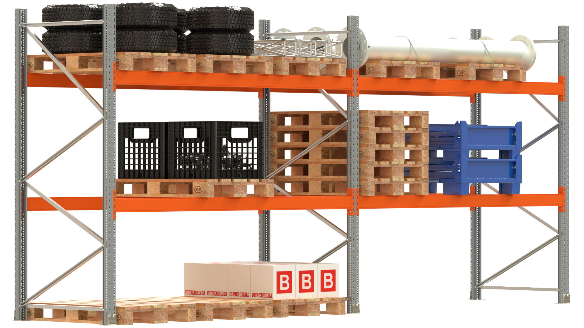 Palettenregal ARTUS - Breite 565,5 cm - Höhe 250 cm - Tiefe 110 cm - 2 Träger-Ebenen - Fachlast 2000 kg - 18 Palettenstellplätze