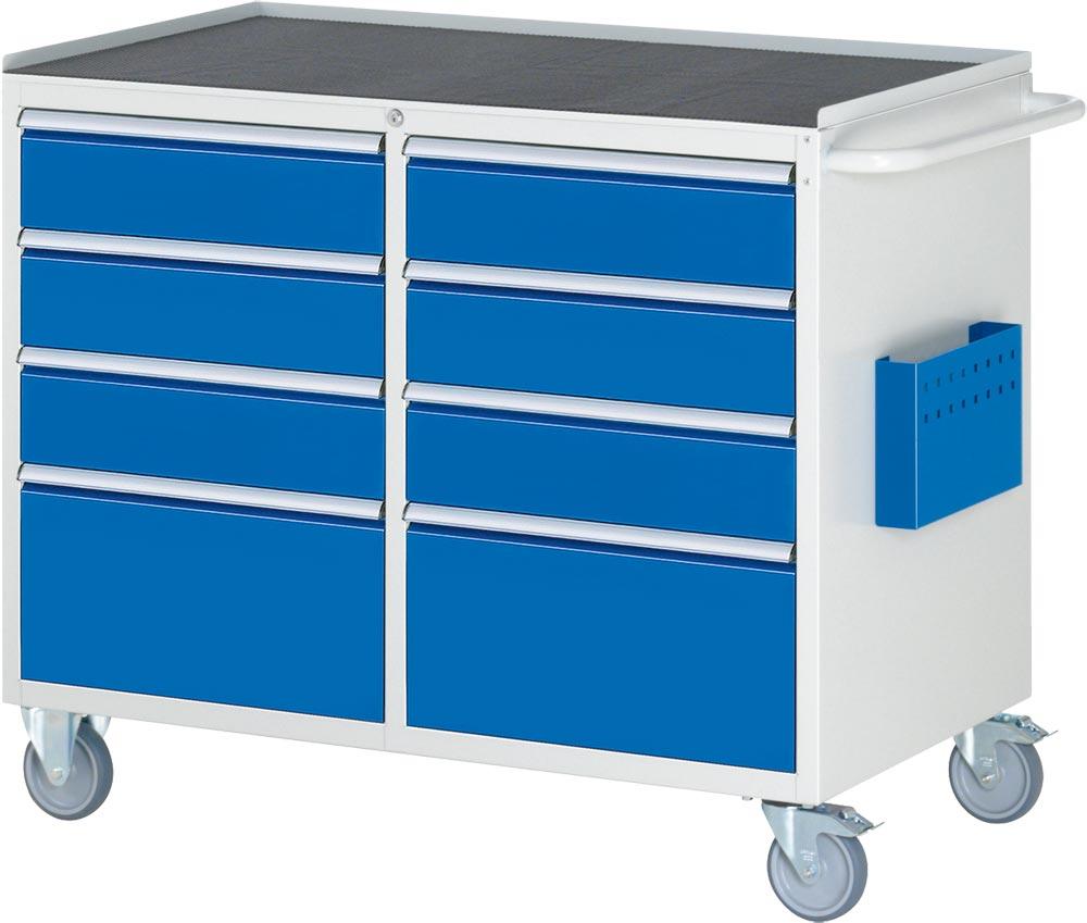 Montagewagen mit Metall Platte 25mm,  BxTxH 1145x650x975 mm, 8 Schubladen: 6x150/2x270 mm, RAL 7035/5010