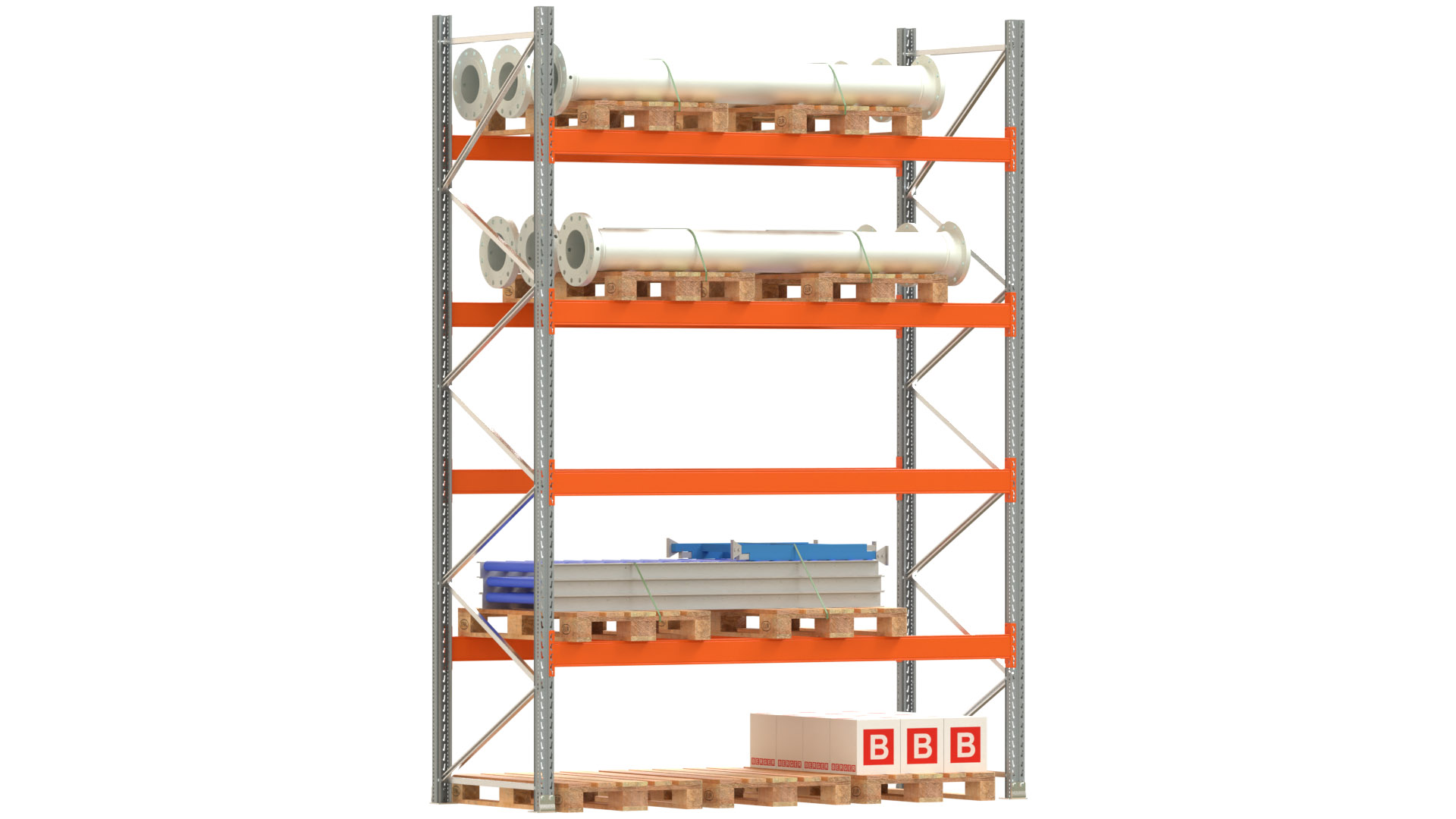 Palettenregal ARTUS - Breite 287 cm - Höhe 400 cm - Tiefe 110 cm - 4 Träger-Ebenen - Fachlast 3000 kg - 15 Palettenstellplätze