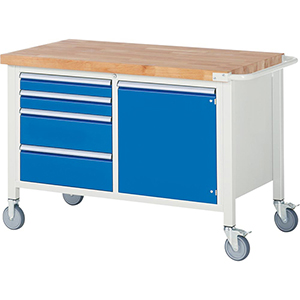Fahrbare Werkbank, Breite 125 cm, Tiefe 70 cm, Höhe 88 cm, 4 Schublade(n), Platte: Buche-Riegel