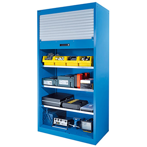 Materialschrank mit Rollladen, BxTxH 1000x580x1950 mm, 2 Verstellböden, 4 Auszugböden, RAL 5012, Rolllade grau