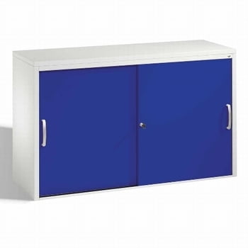Aktenschrank mit Schiebetüren, Büroschrank, Stahlschrank, 2 Fachböden, Korpusfarbe lichtgrau, Frontfarbe enzianblau, 720 x 1.600 x 400 mm (HxBxT)